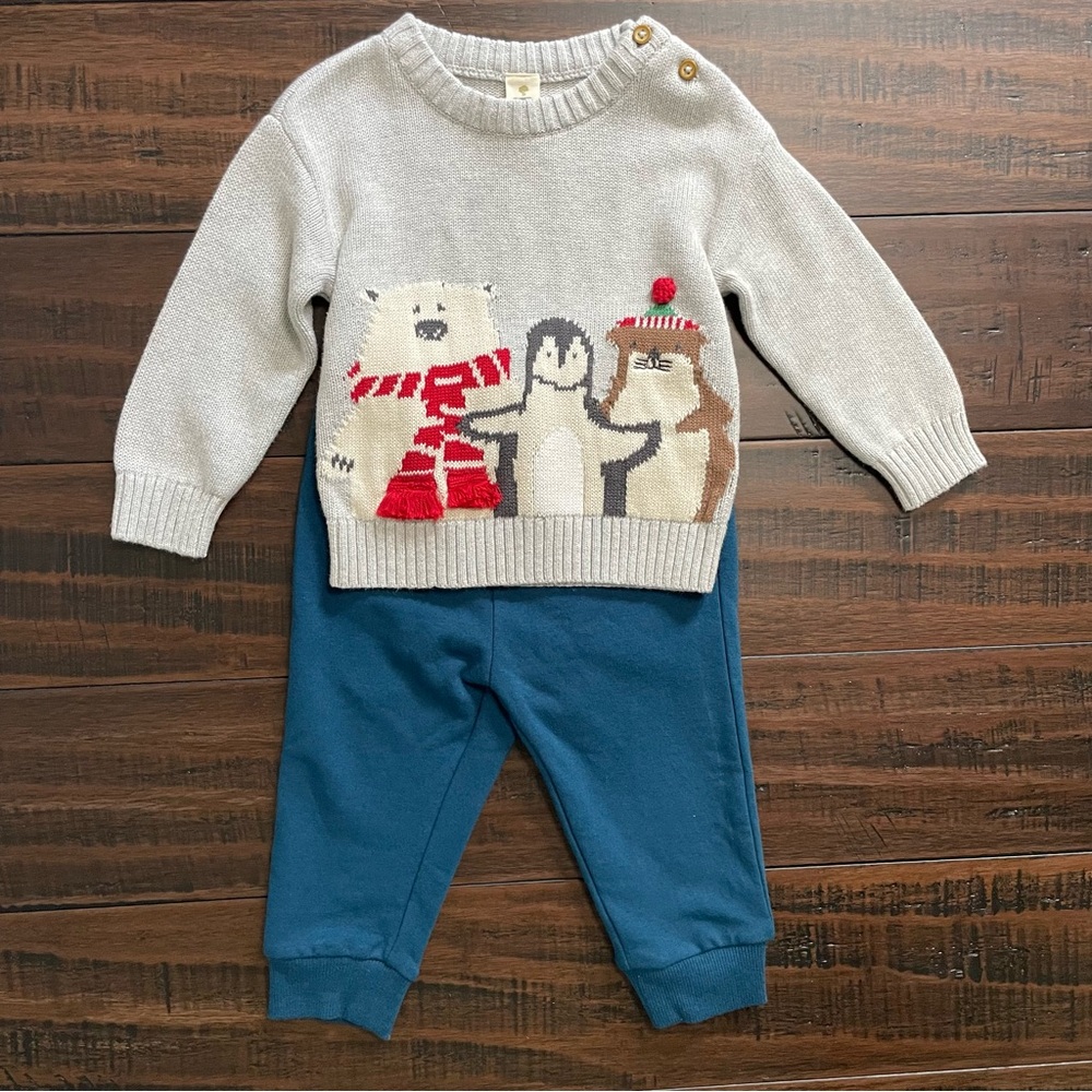 Nordstrom Tucker + Tate Gray Critter Sweater and Blue Pants Outfit NWT